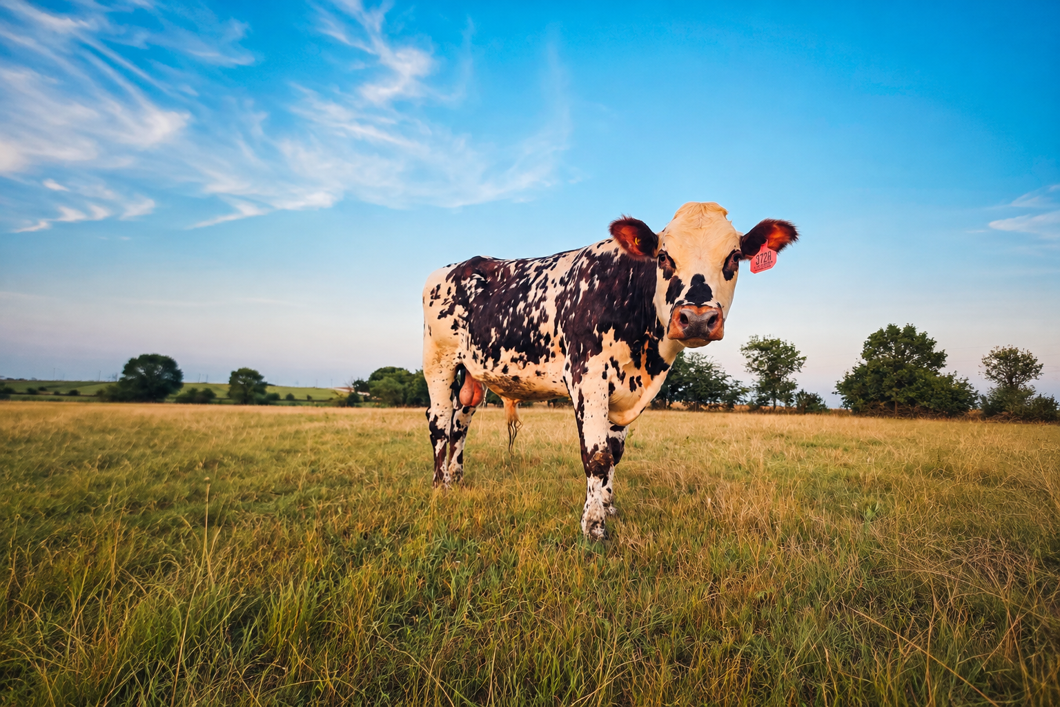 Nickolas, a Fullblood Normande bull standing in pasture