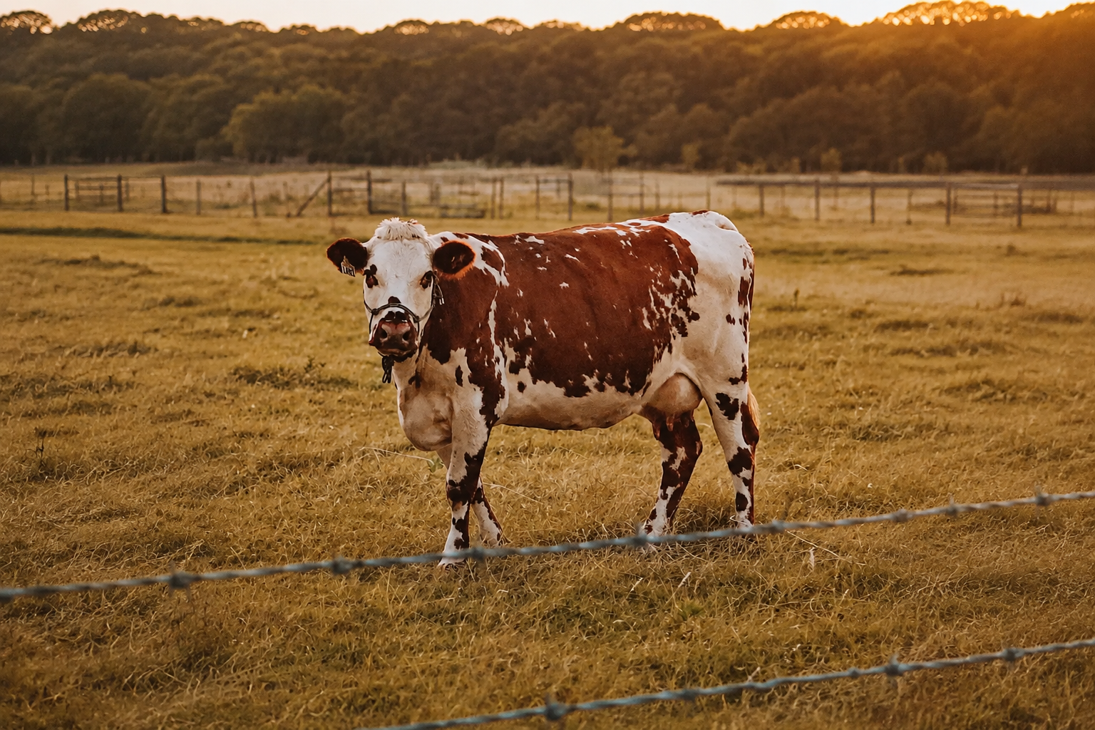 Riles, a red-and-white Fullblood Normande milk cow standing in pasture